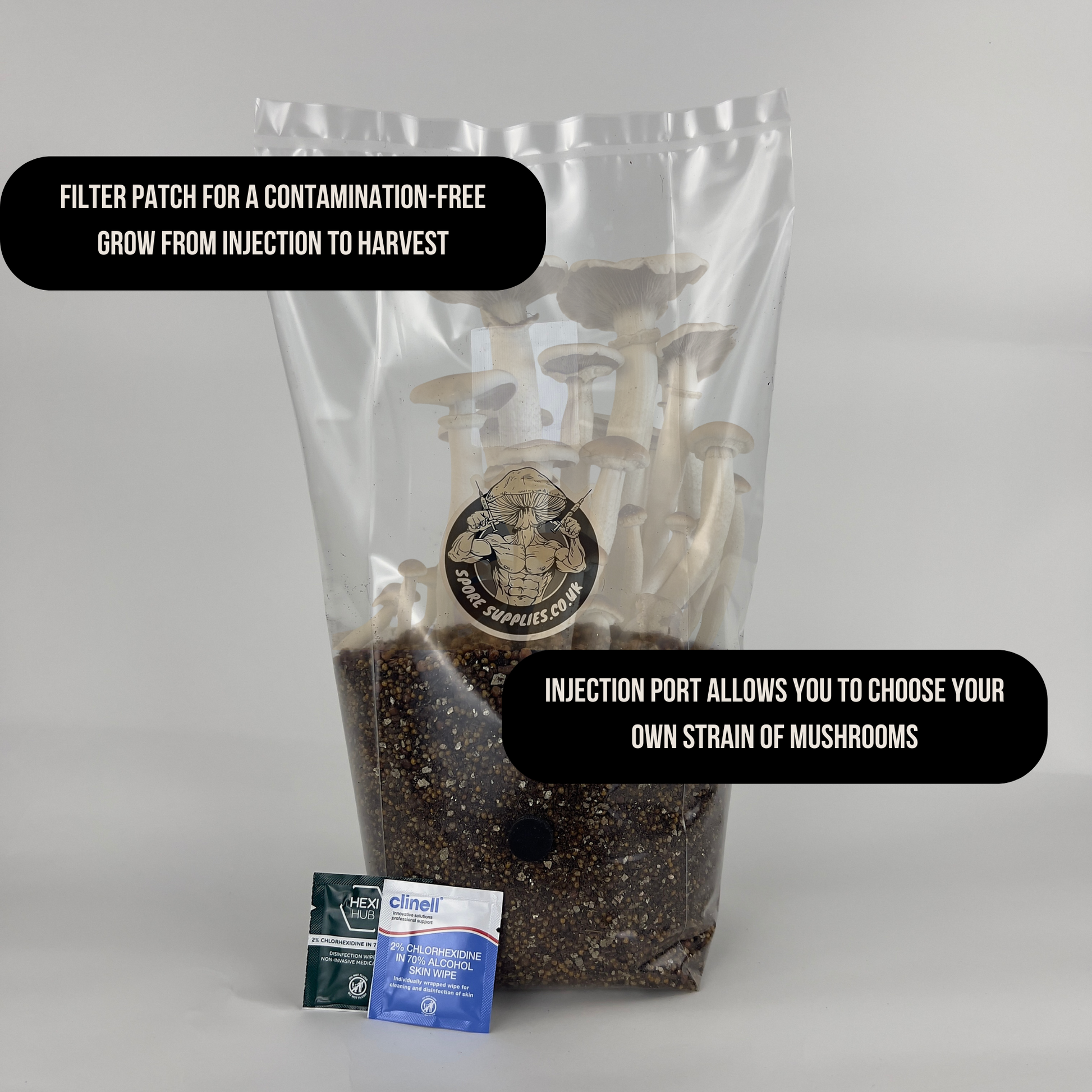 filter patch and injection port on 1.5kg all in one mushroom grow bag