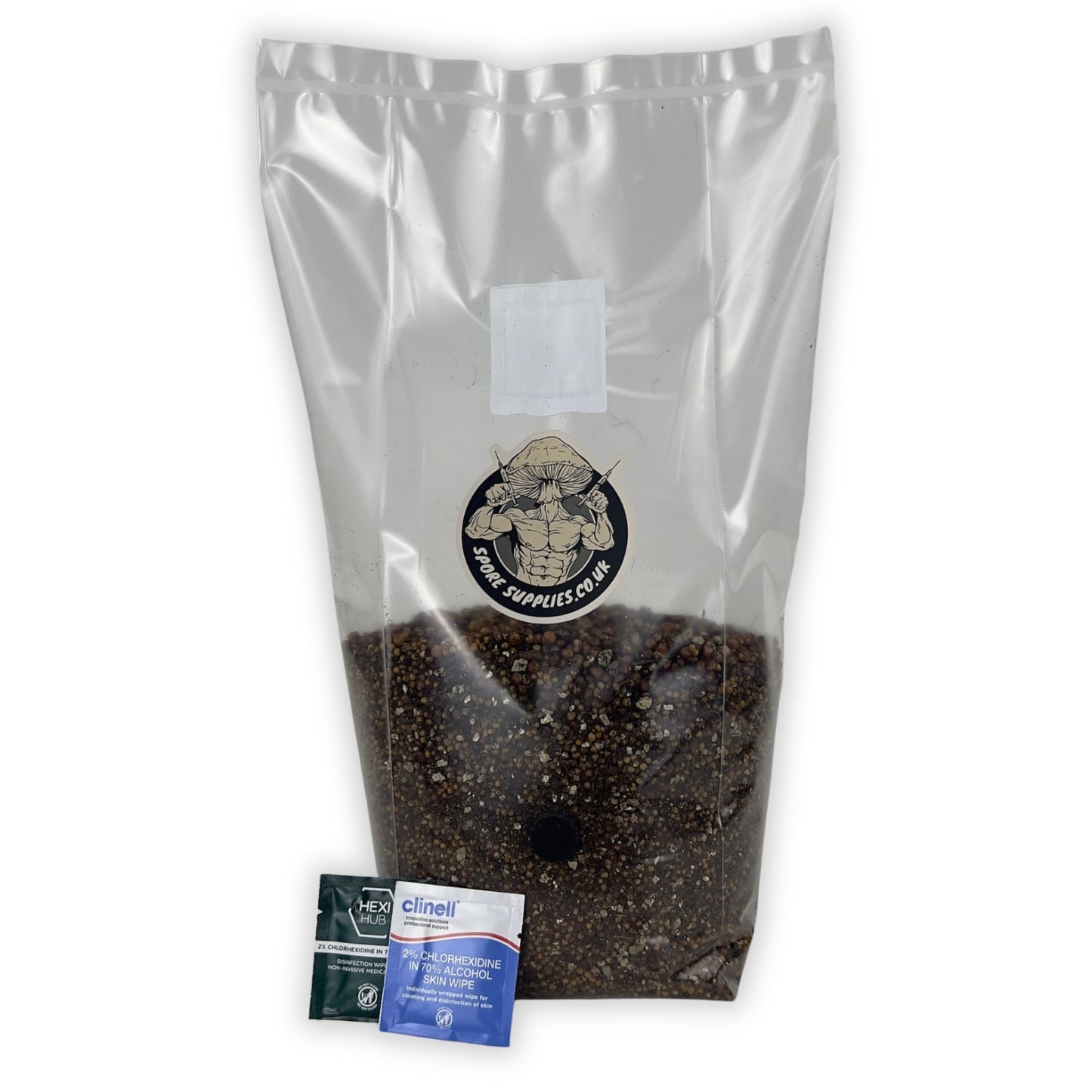 1.5kg sterile all in one mushroom grow bag by Spore Supplies with one blue isopropyl and one green isopropyl wipe