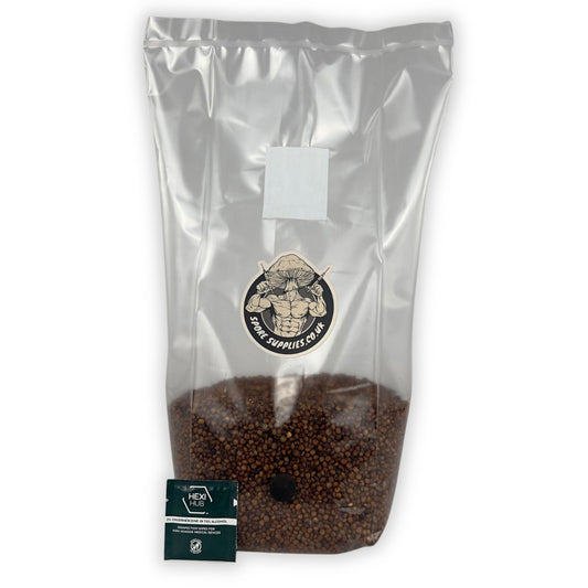 A sealed clear plastic bag filled with red milo grain, which is a sterile substrate for growing mushrooms.