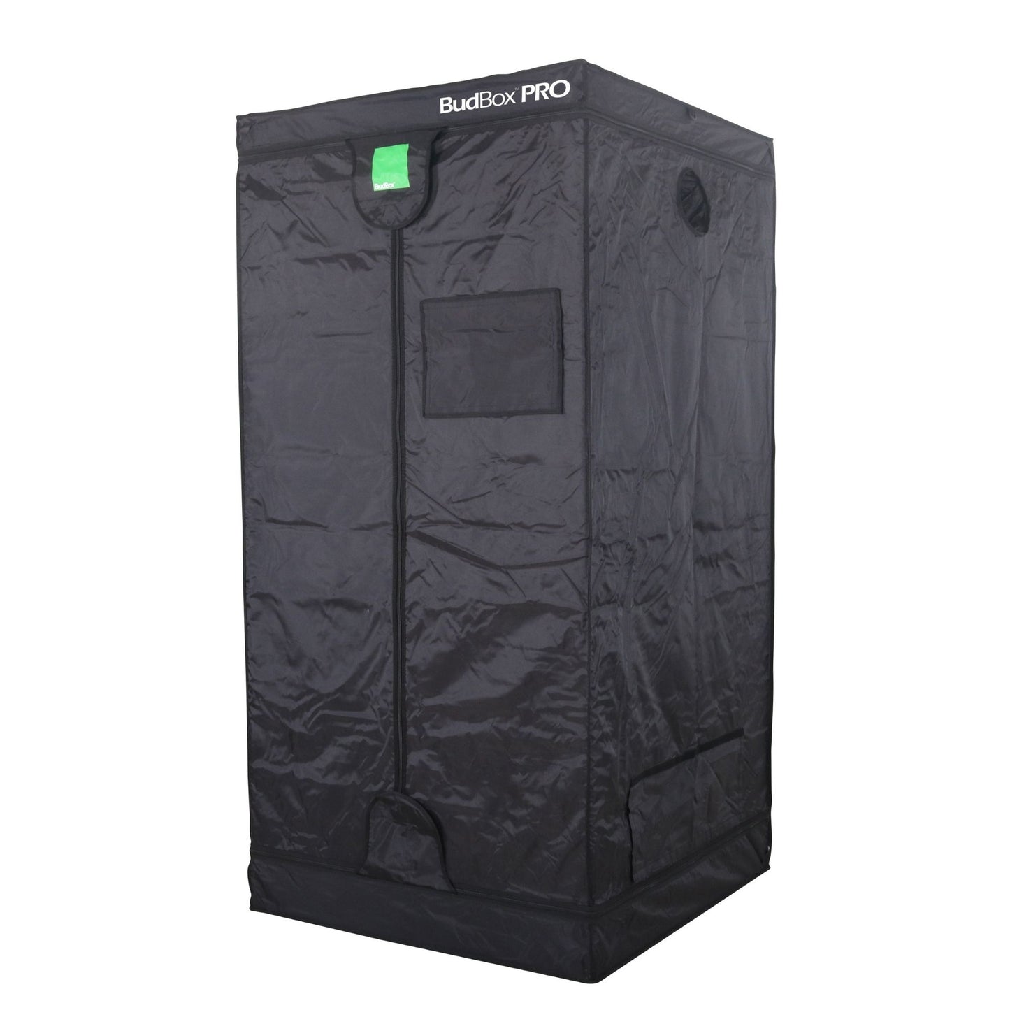 Black grow tent labeled 'BudBox Pro' on a white background