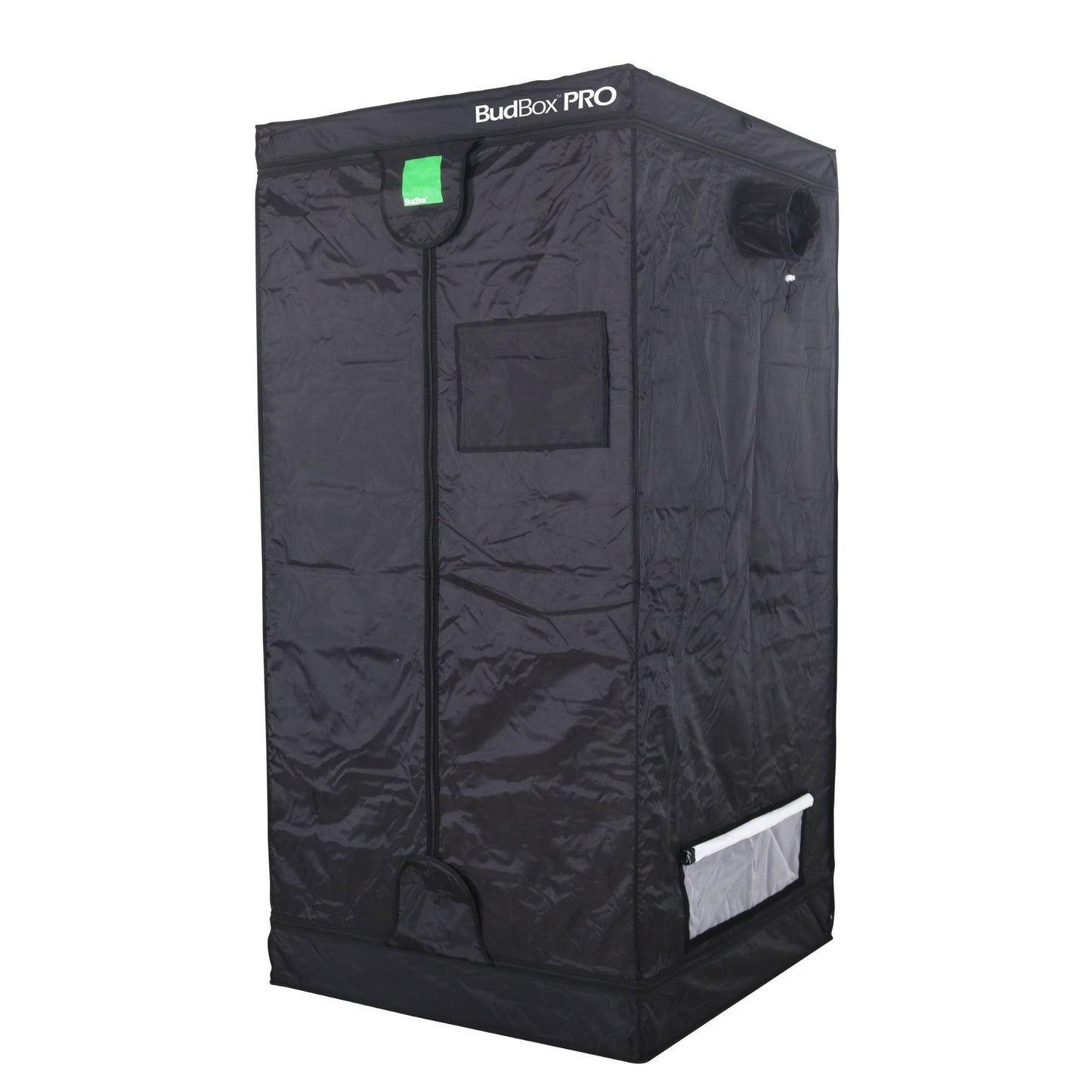 Black grow tent labeled 'BudBox Pro' on a white background