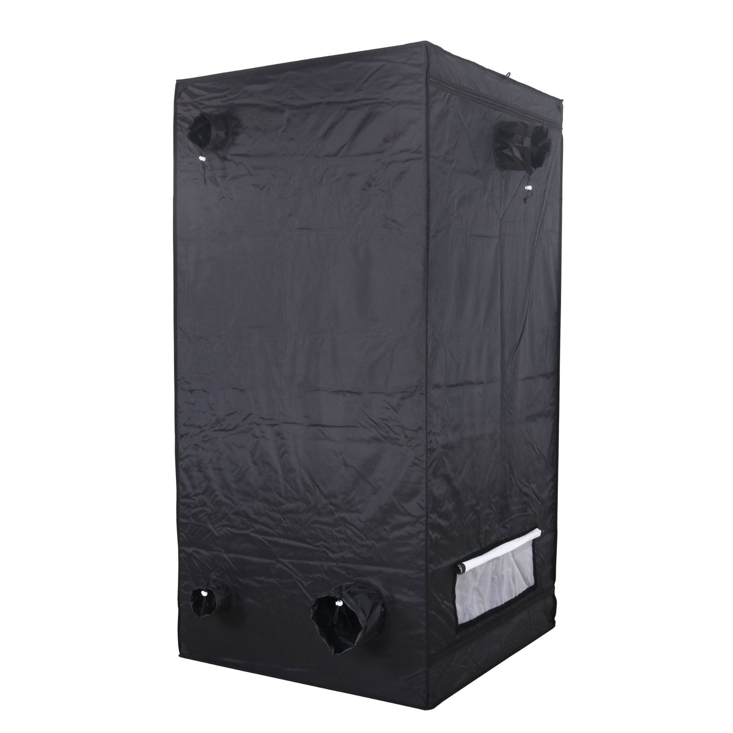 Black grow tent with ventilation ports on a white background