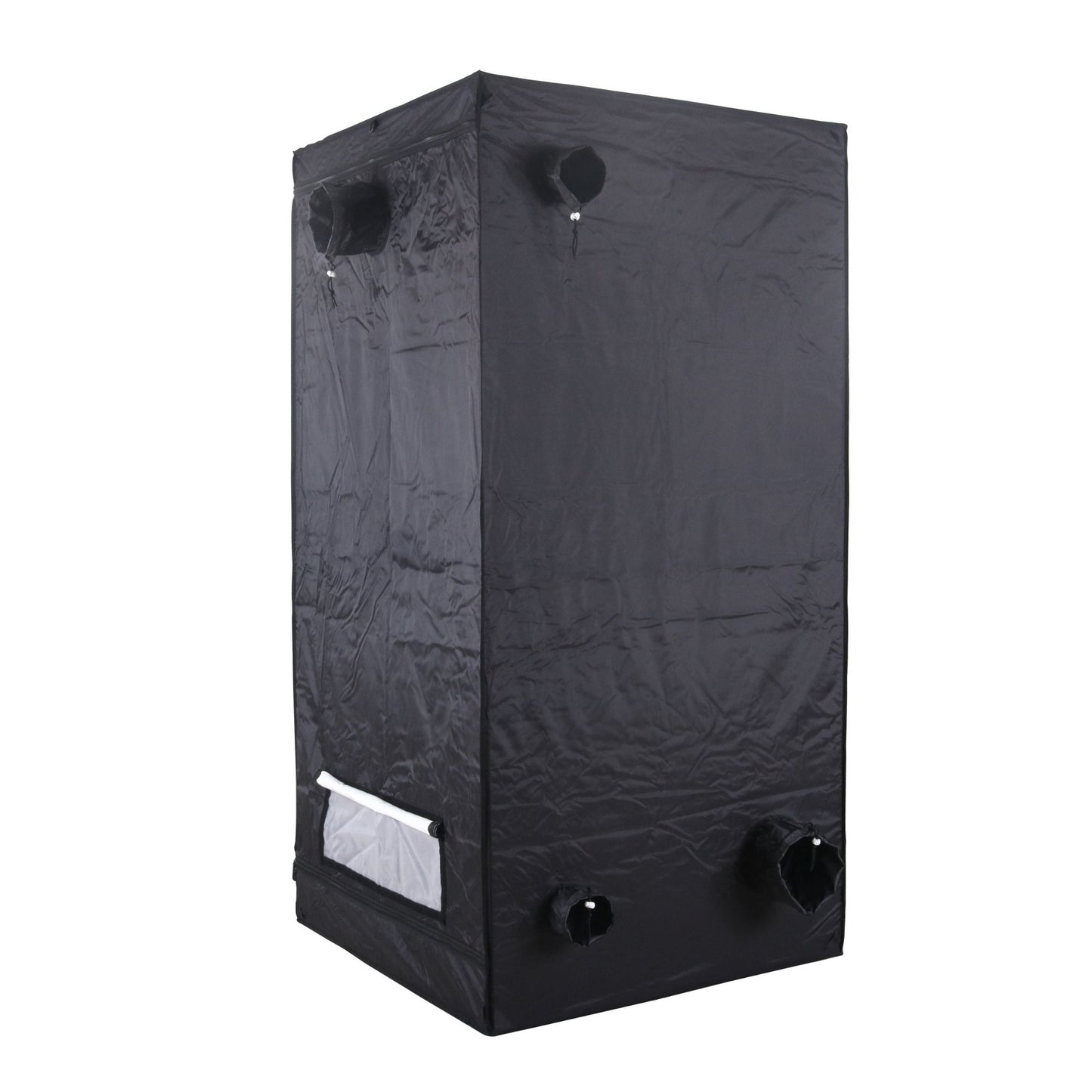 Black grow tent with ventilation ports on a white background