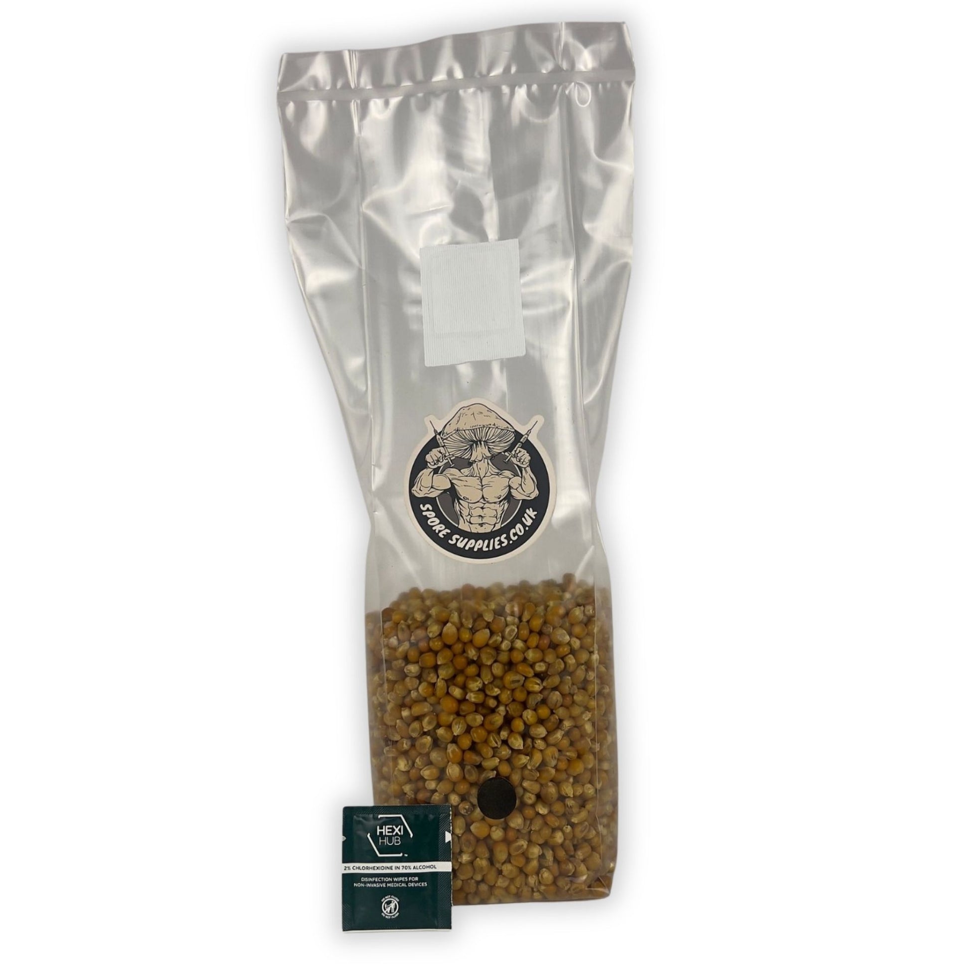 A clear plastic bag filled with popcorn grains, with a label indicating it is a sterile substrate for growing mushrooms.