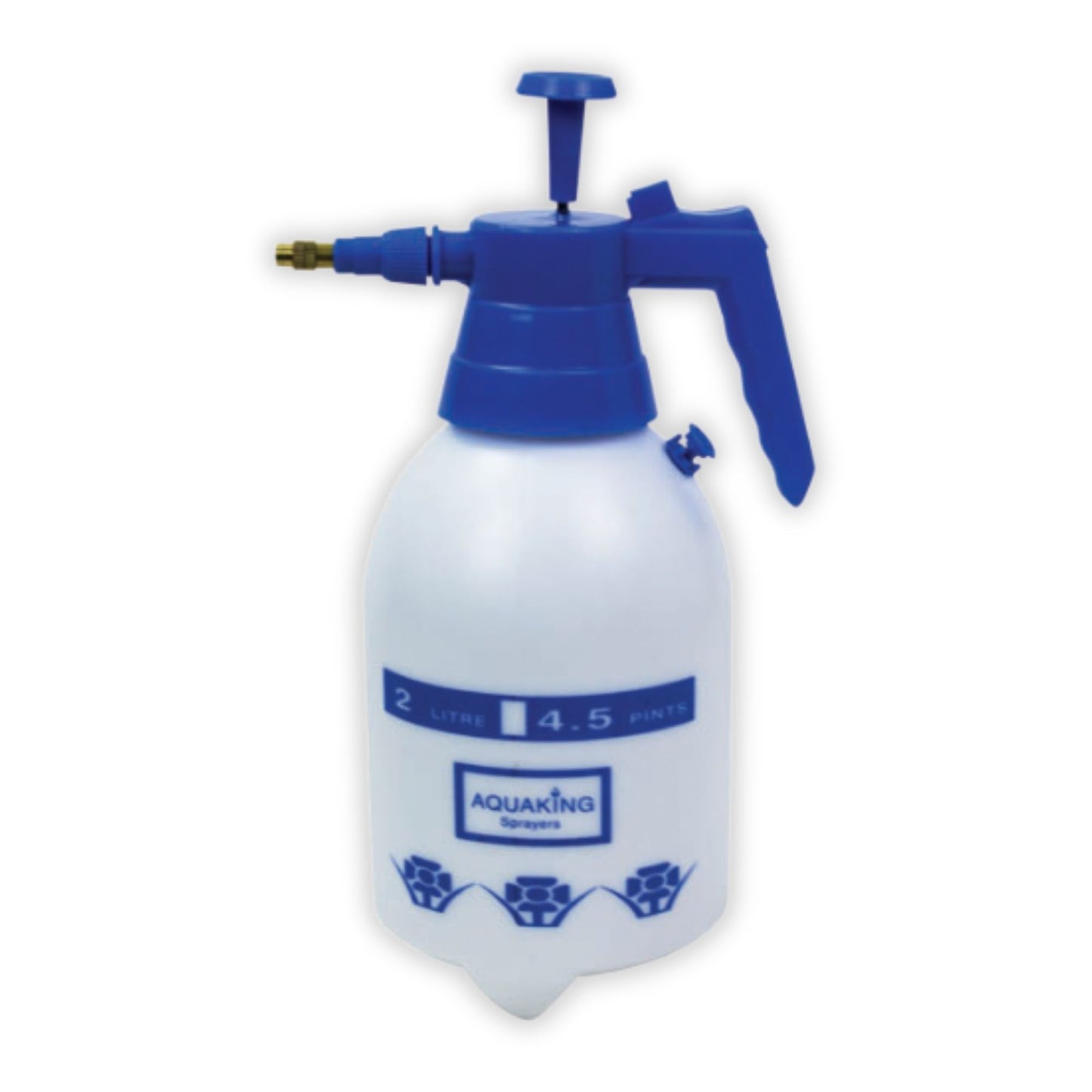 White 2 litre pump pressure spray bottle with blue nozzle and label on a white background