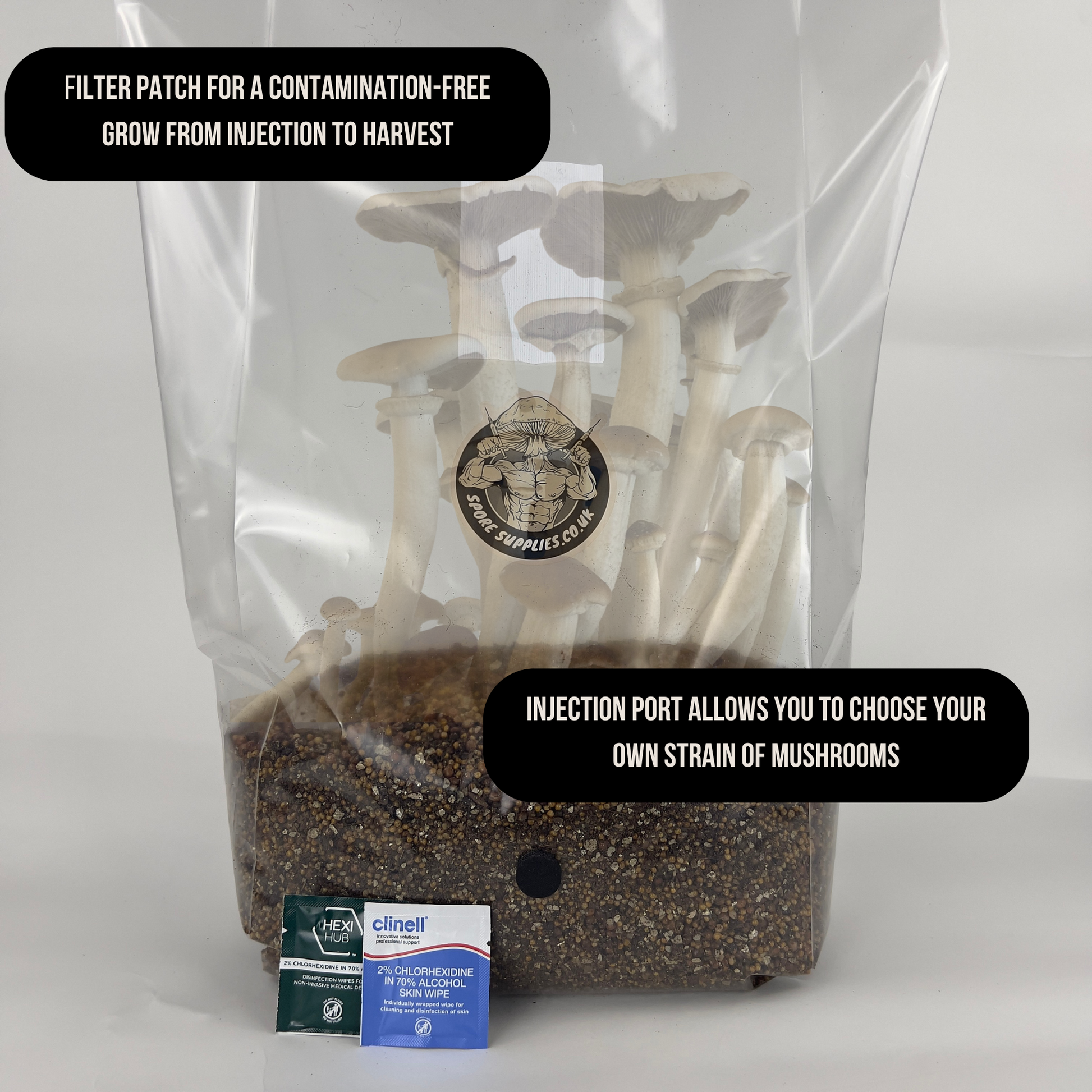 filter patch and injection port on 3kg all in one mushroom grow bag