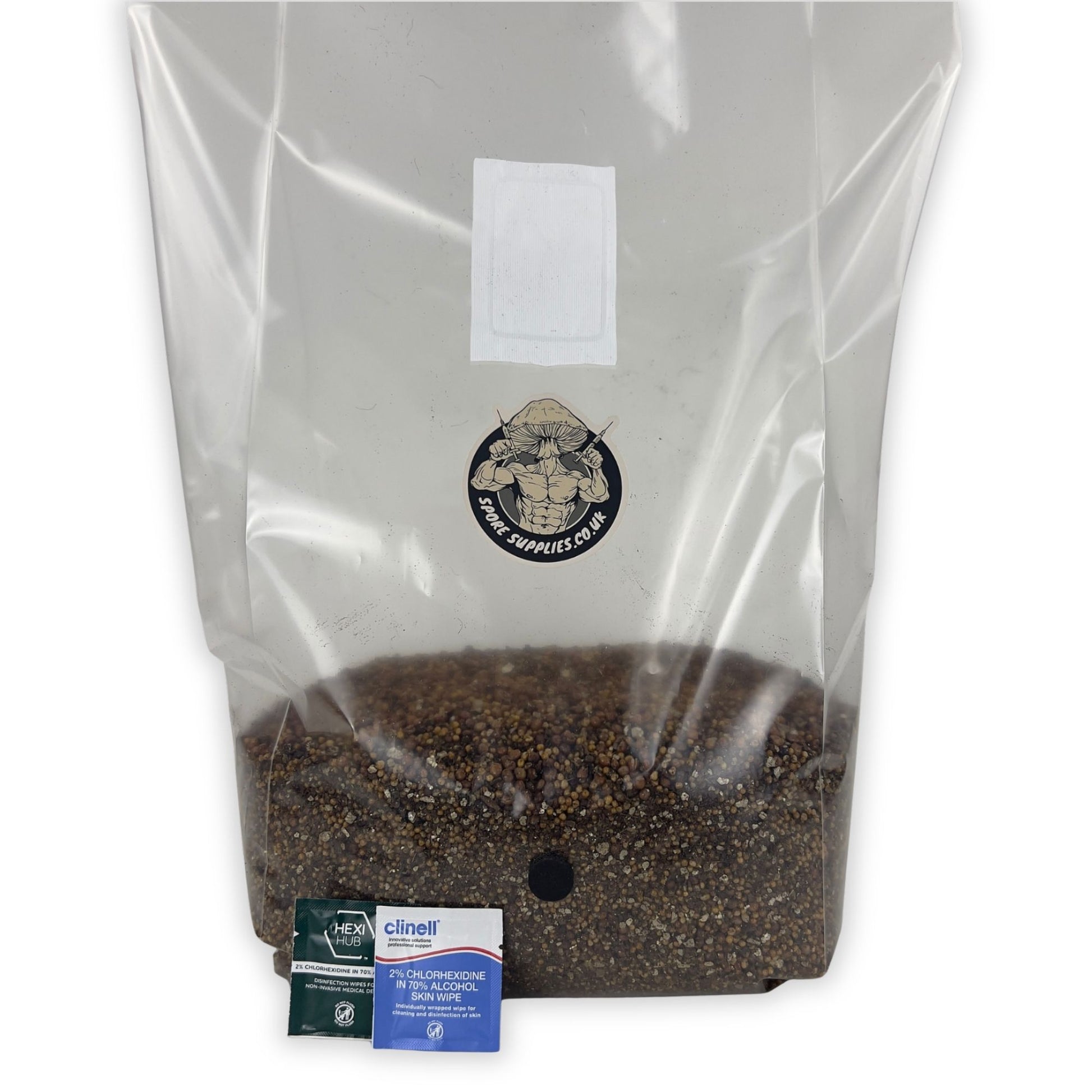 3kg sterile all in one mushroom grow bag by Spore Supplies with green and blue isopropyl wipes