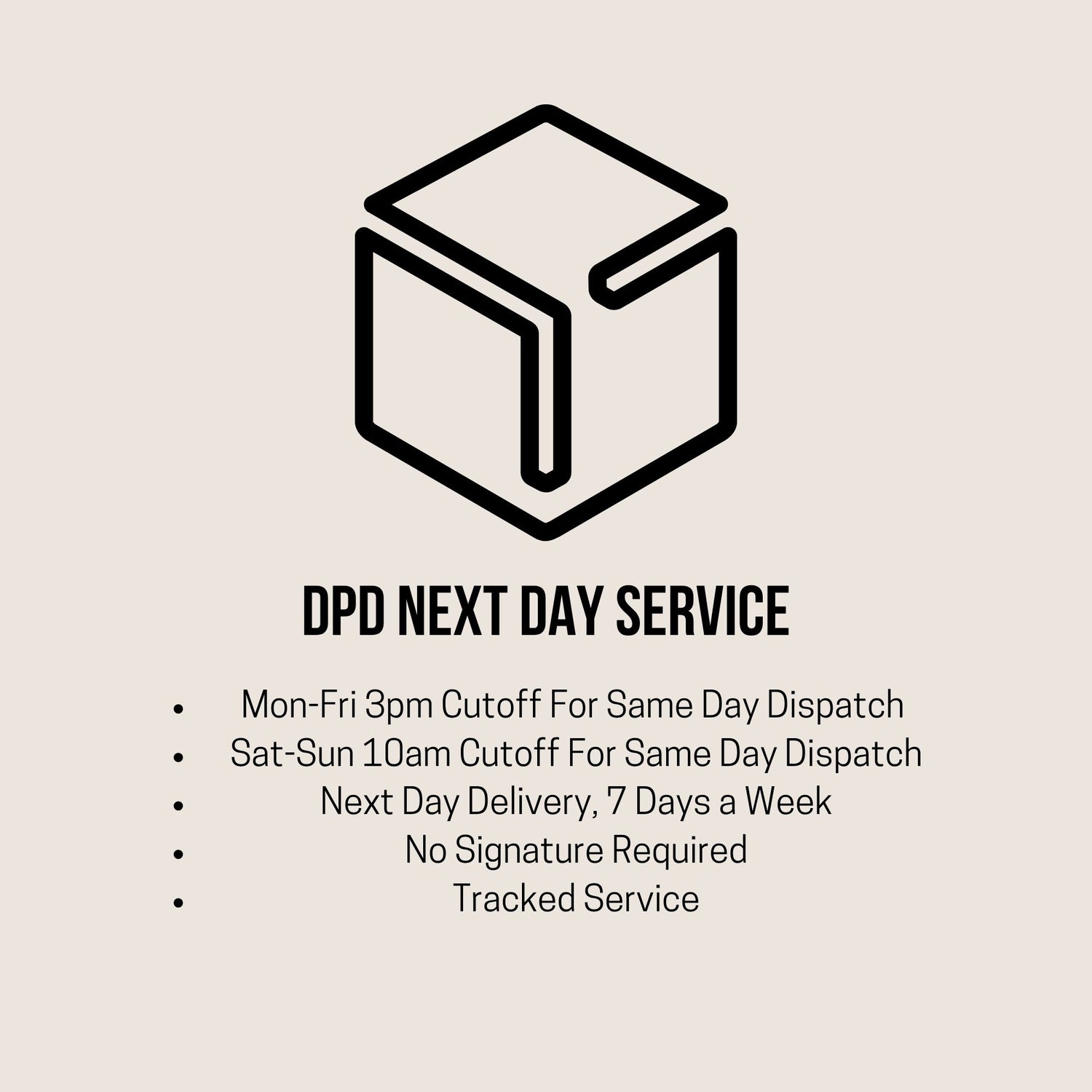 DPD Next Day Service information with a black cube icon on a beige background