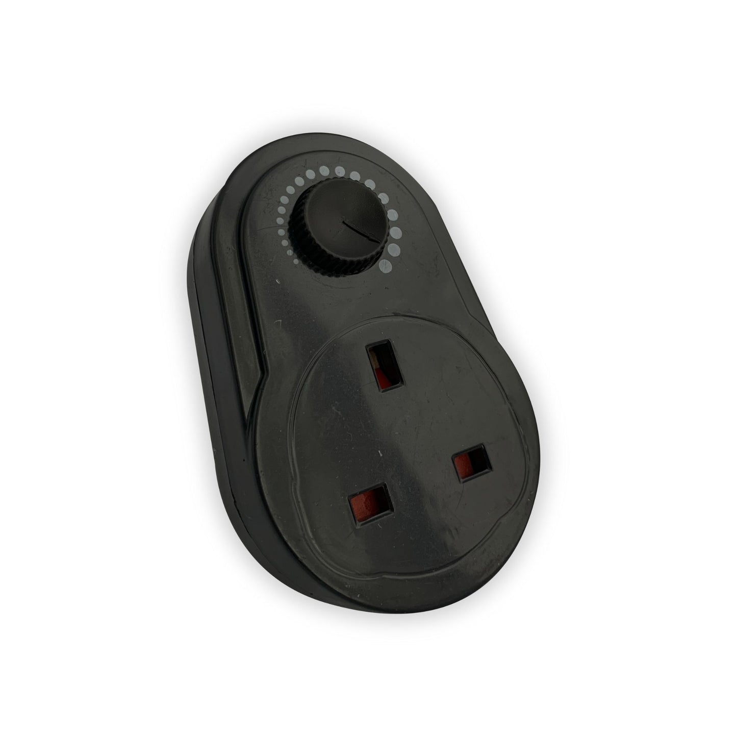 Black electrical fan speed controller socket on a white background