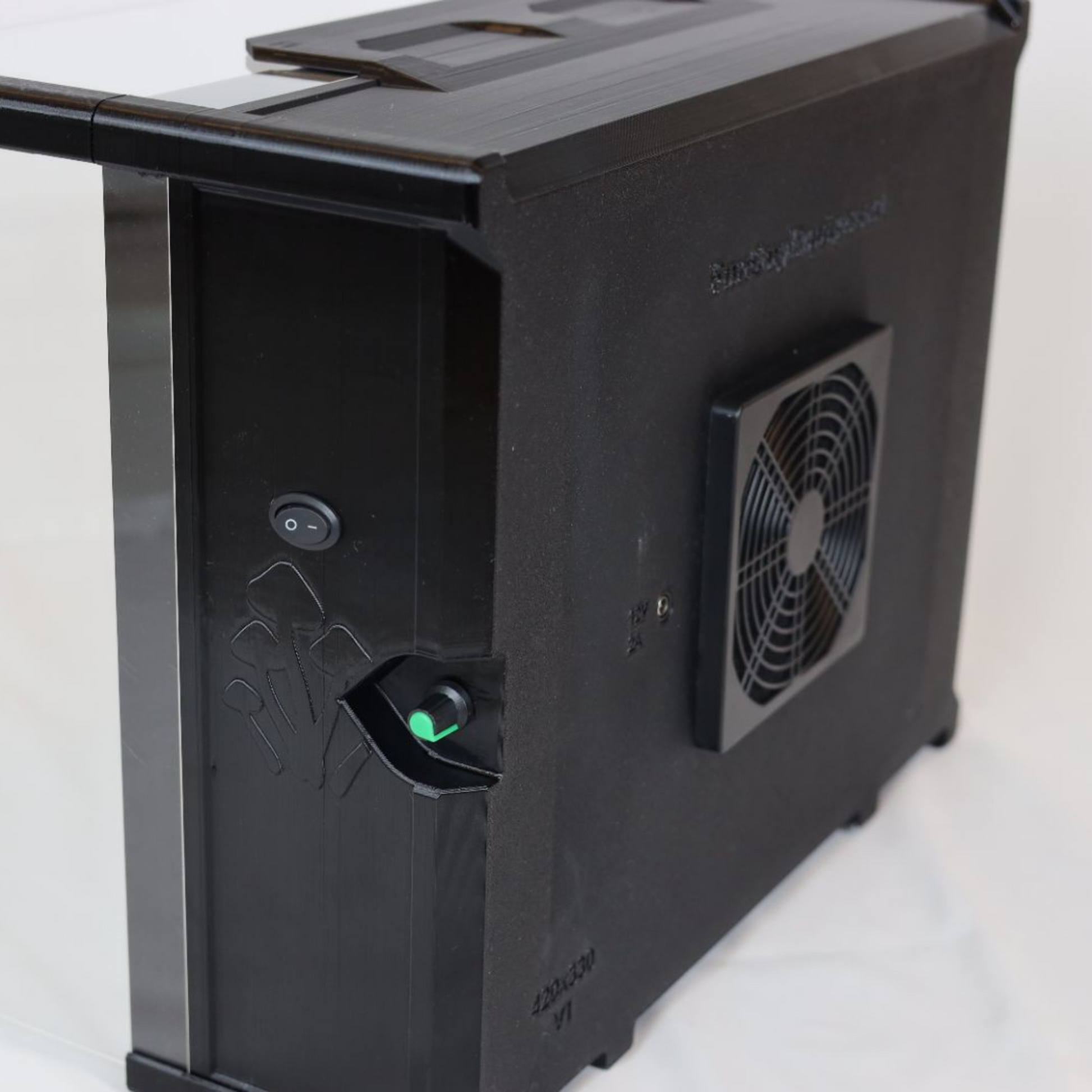 image of the back of the large laminar flow hood showing on/off switch