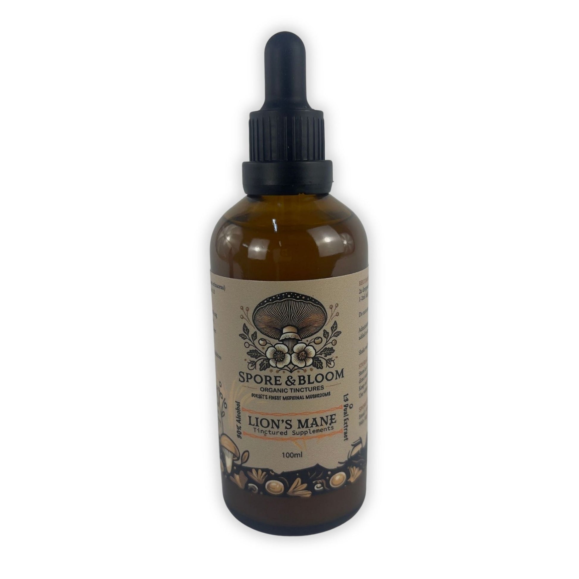 A 100ml tincture bottle of Spore & Bloom Lion's Mane with a dropper, featuring a beige label with decorative elements and text.