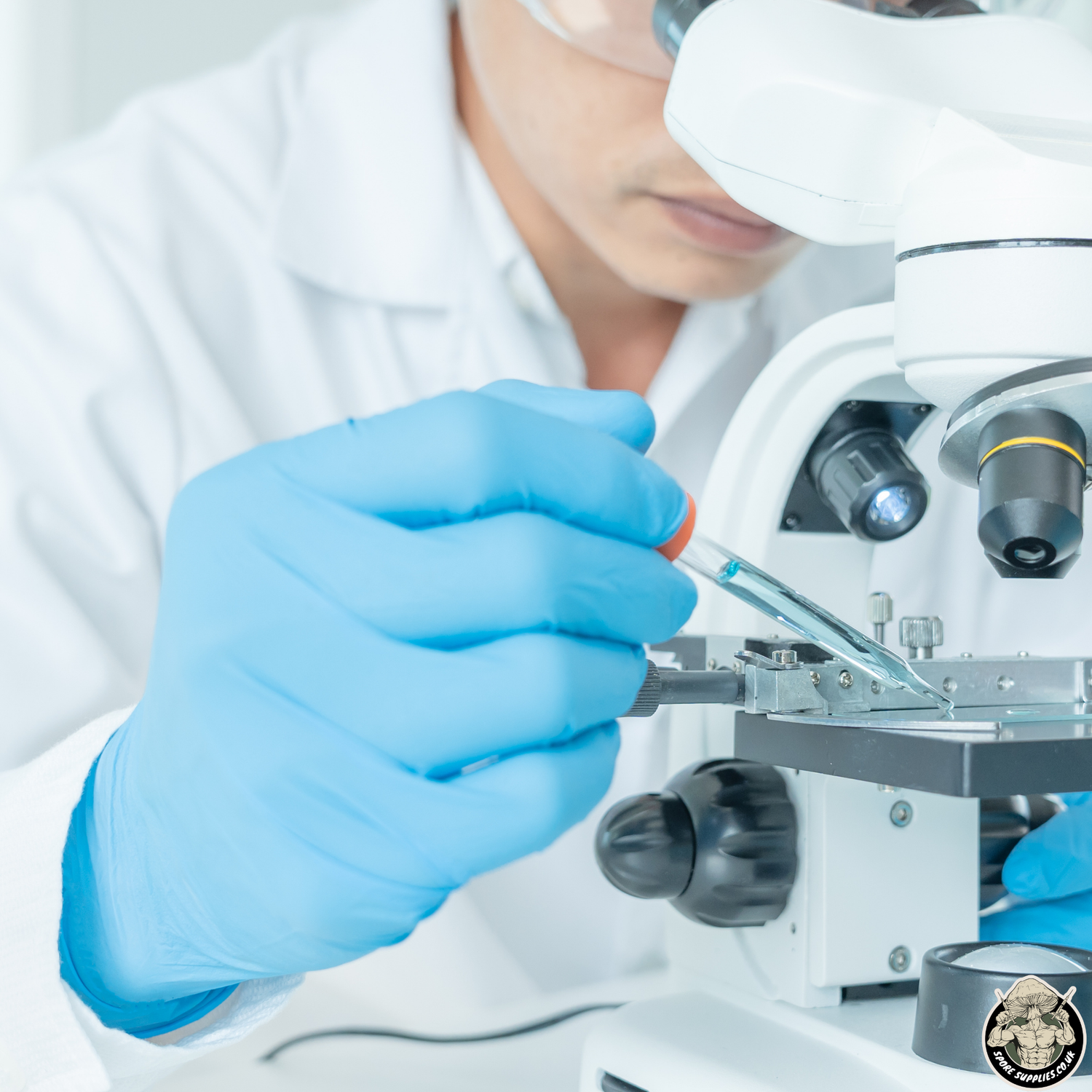 a lab person adding liquid under a microscope