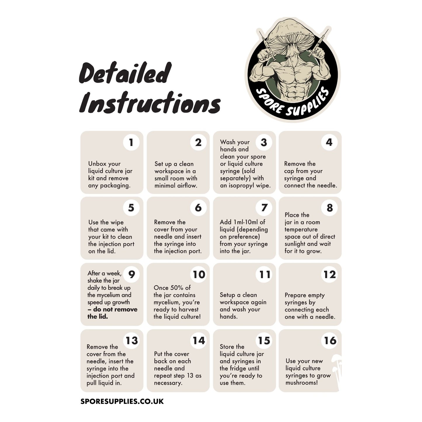 detailed instructions for using the Spore Supplies sterile liquid culture jar kit