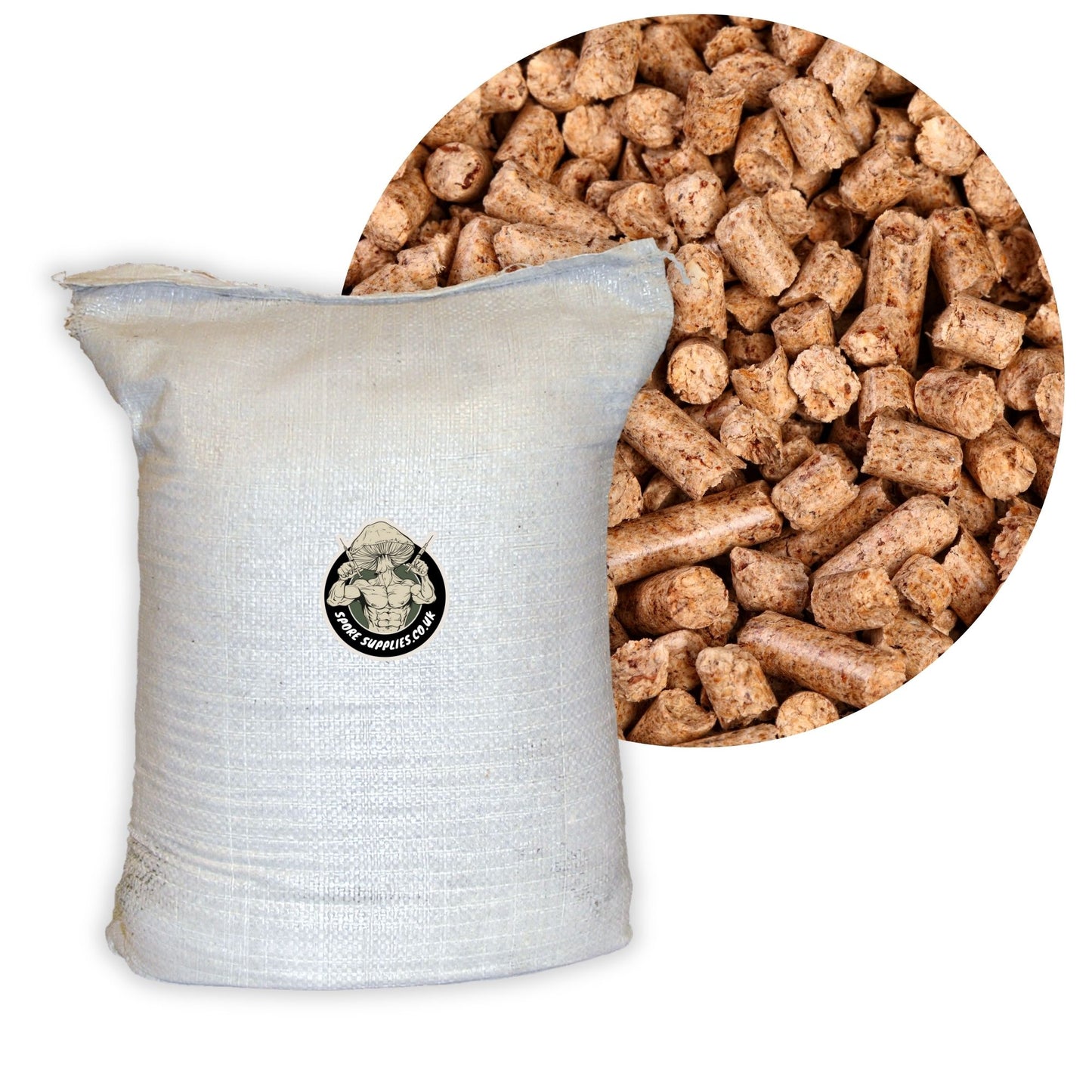 White bag of oak hardwood pellets and soy hull pellets with a close-up inset showing the pellets.