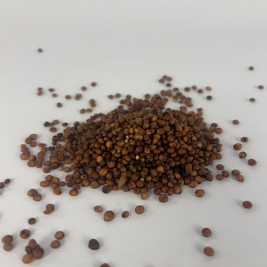 A pile of brown milo grain on a white background, surrounded by scattered grains.