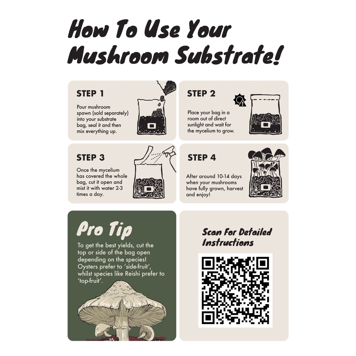 quick instructions for using Spore Supplies sterile substrate with QR code link to a full guide