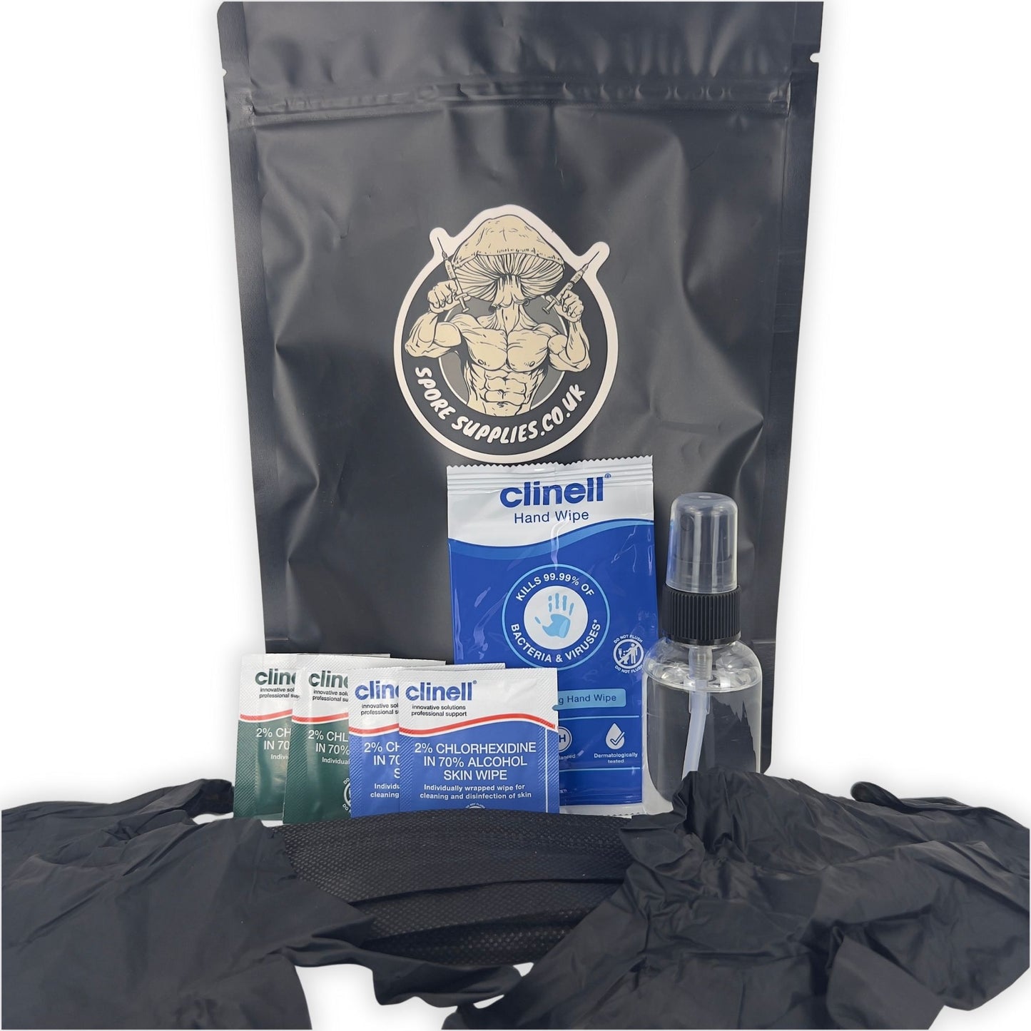 an aspetic technique kit for mushroom growing, hand wipe, skin wipes, surface wipes, isopropyl spray bottle, gloves and mask