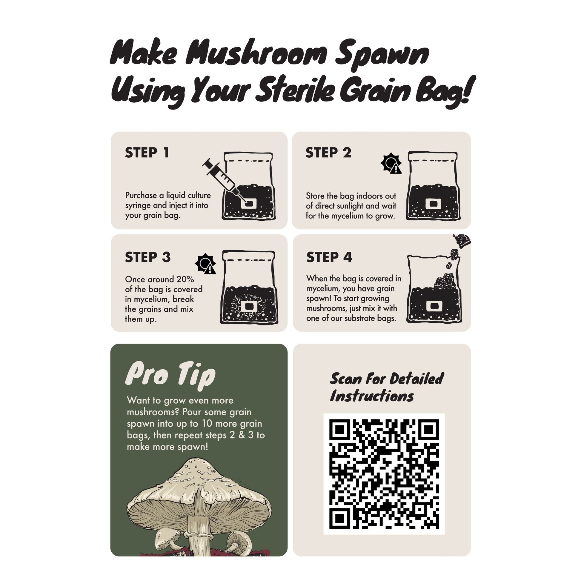 quick instructions for using Spore Supplies sterile grain with QR code link to a full guide