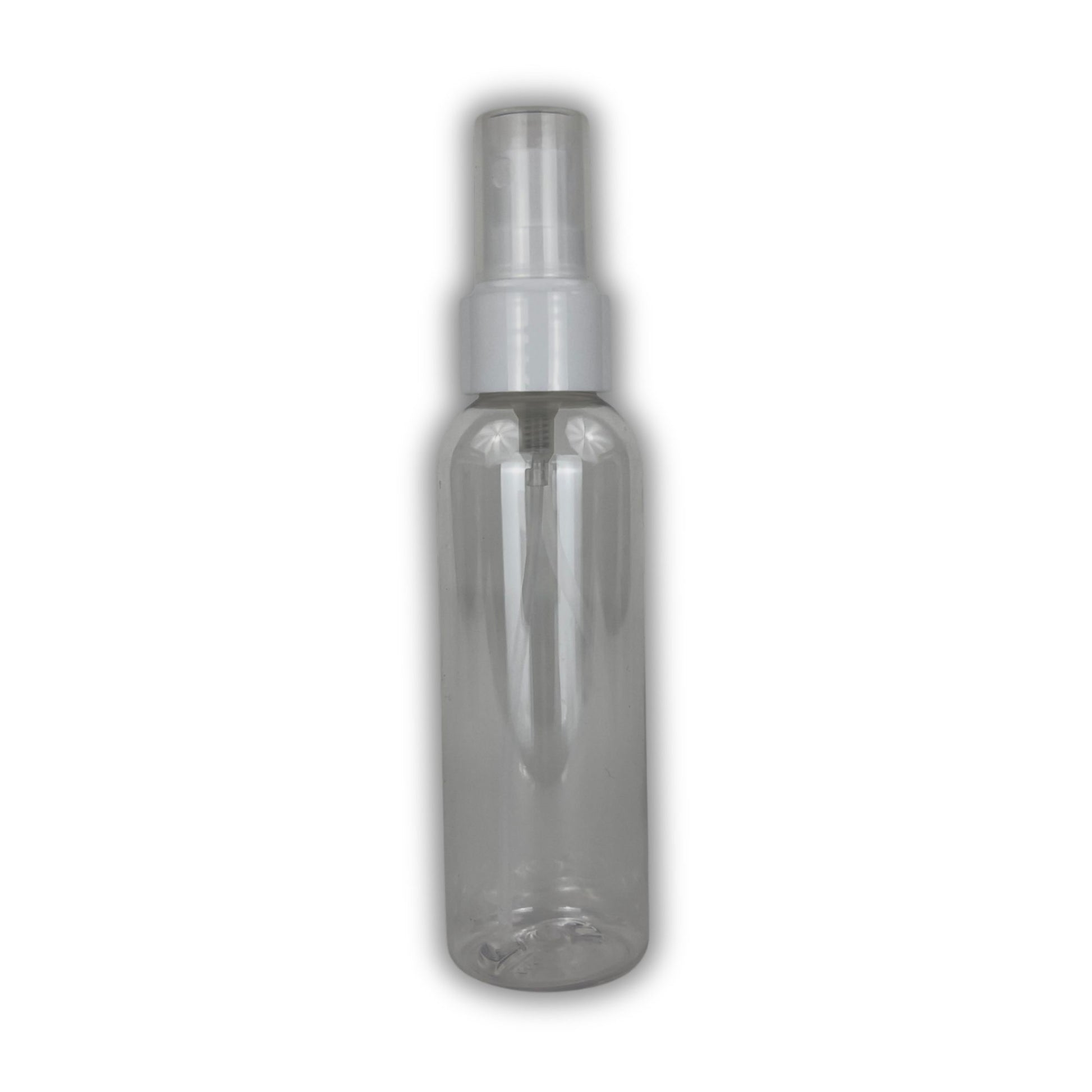 Clear spray bottle with silver nozzle on a white background
