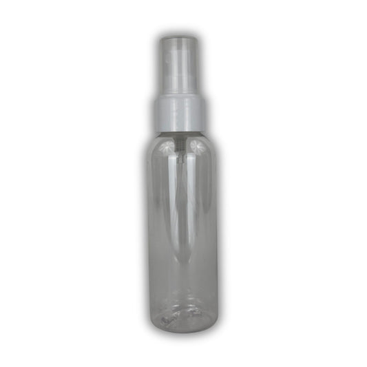 Clear spray bottle with silver nozzle on a white background