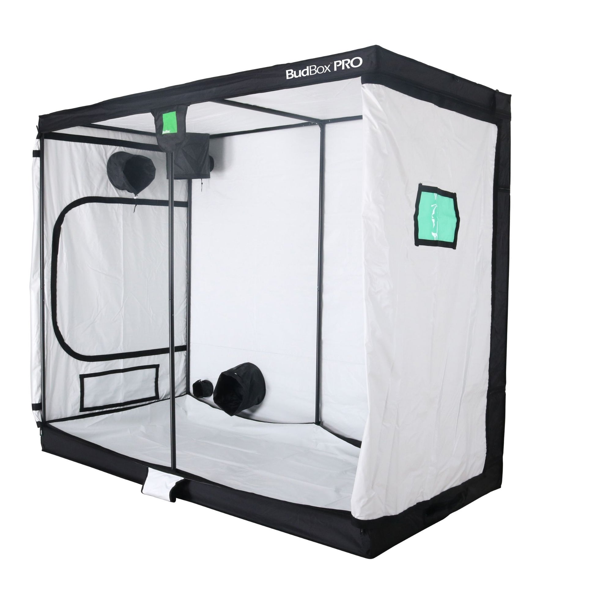 A large white grow tent labeled 'BudBox Pro' suitable for mushroom cultivation, featuring a door, window, and internal support structure.