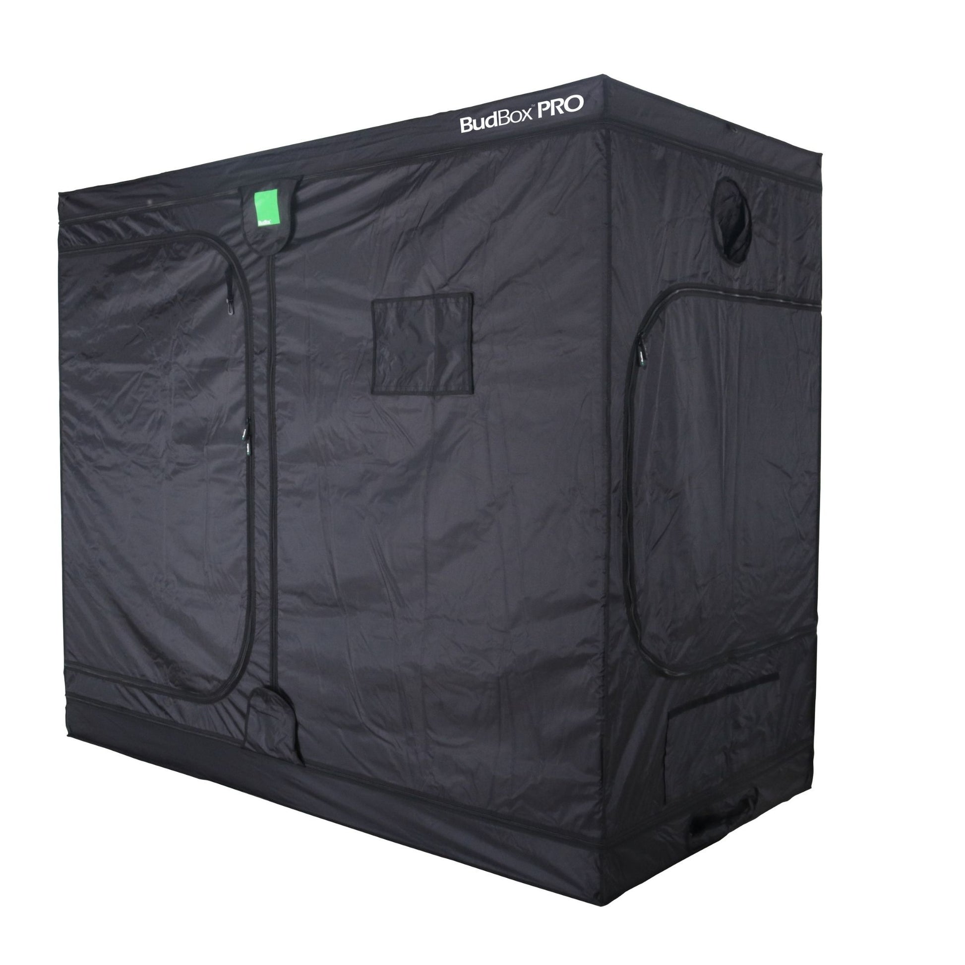 Black grow tent with 'BudBox Pro' branding on a white background