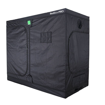 Black grow tent with 'BudBox Pro' branding on a white background