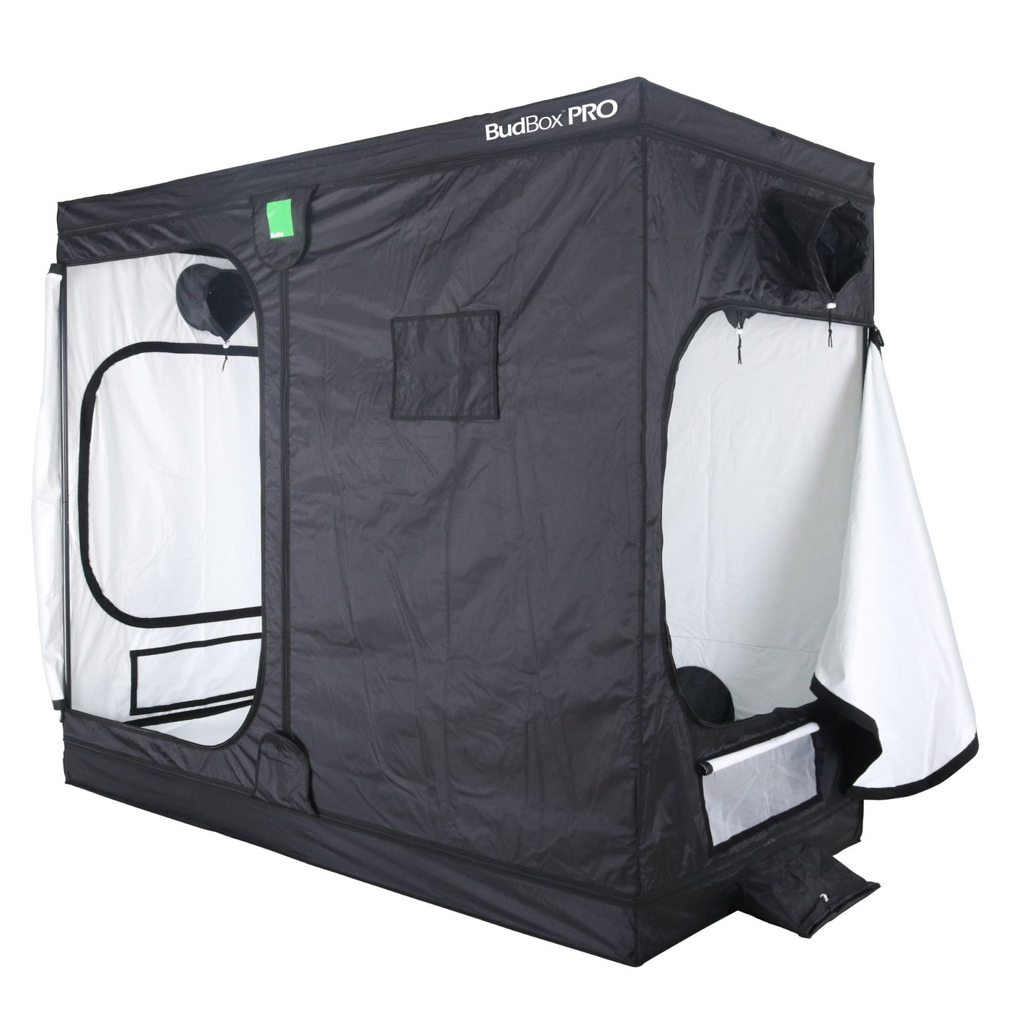 Black BudBox Pro grow tent with white interior on a white background