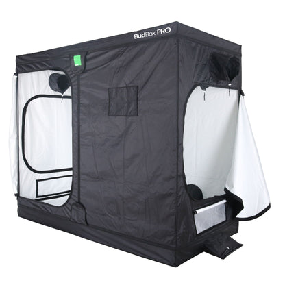 Black BudBox Pro grow tent with white interior on a white background