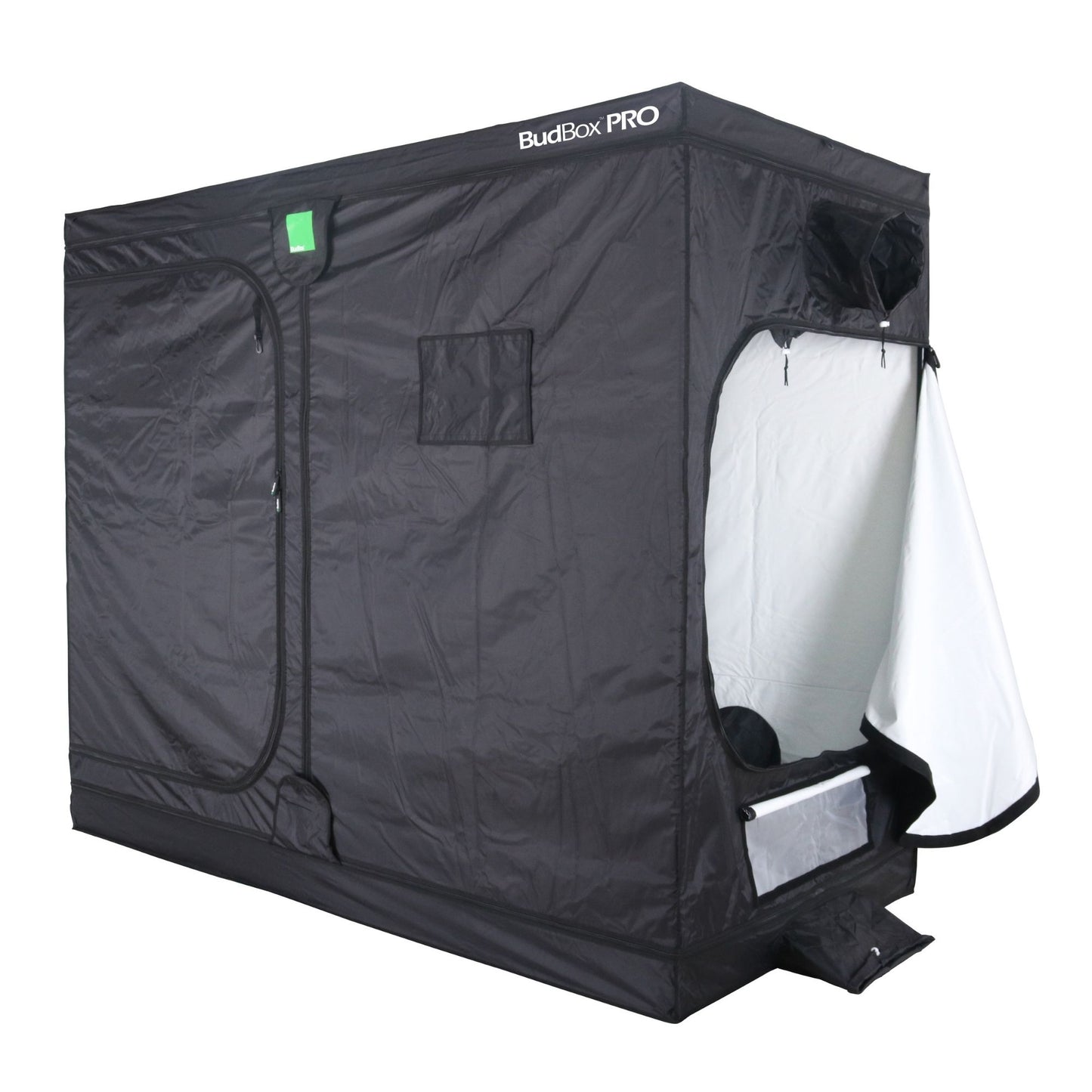 Black grow tent with white interior labeled 'BudBox PRO' on a white background