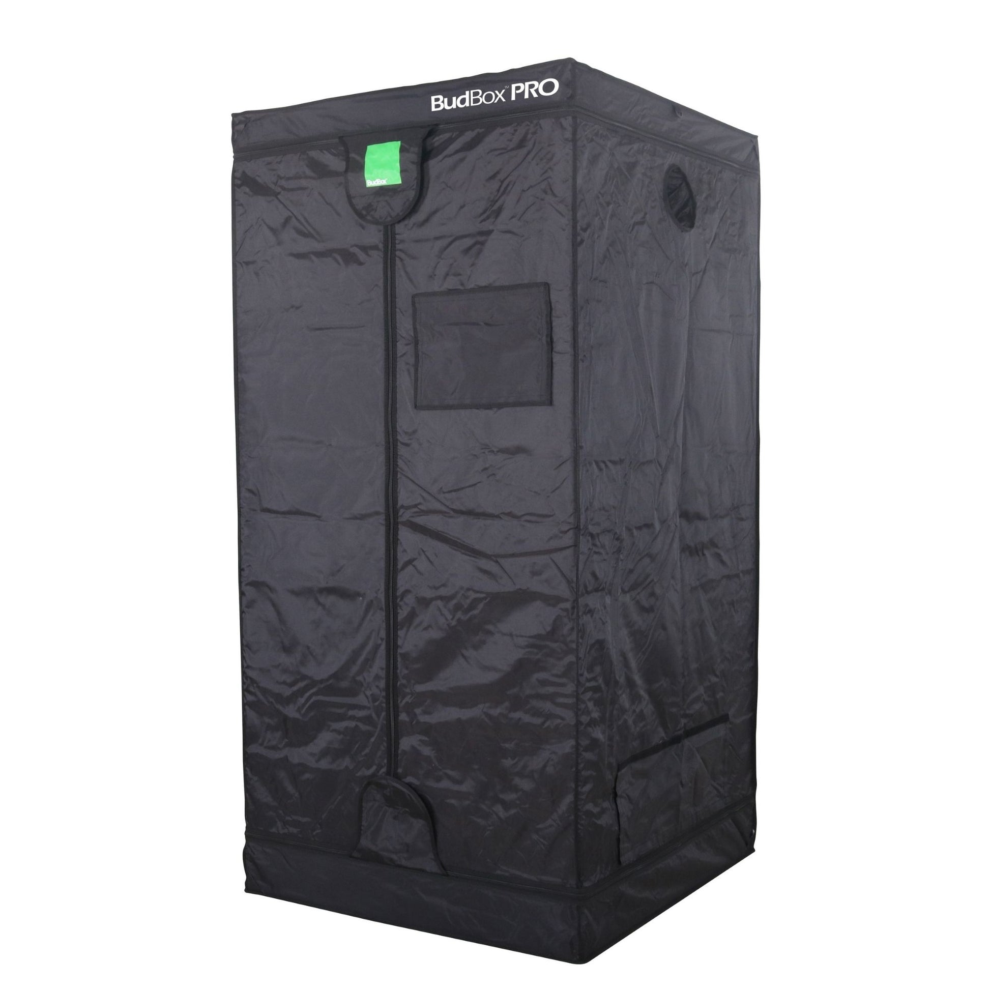 Black grow tent labeled 'BudBox Pro' on a white background