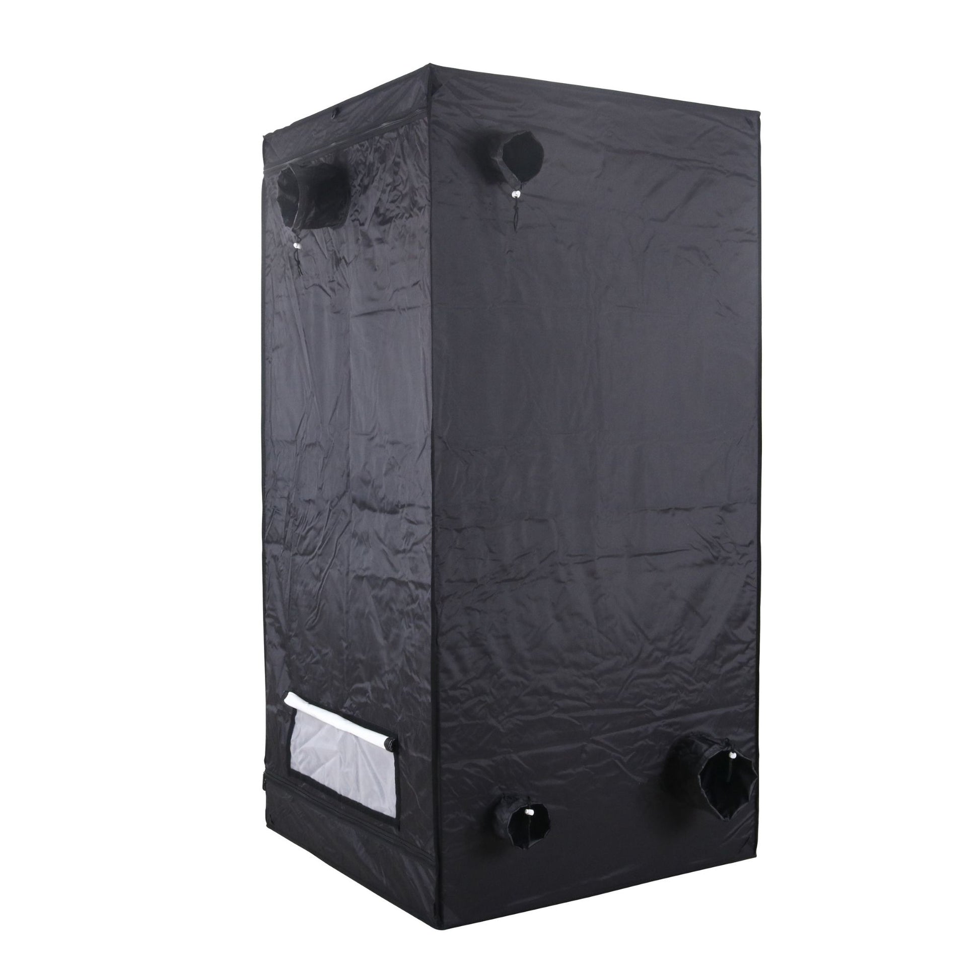 Black grow tent with ventilation ports on a white background