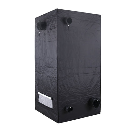 Black grow tent with ventilation ports on a white background