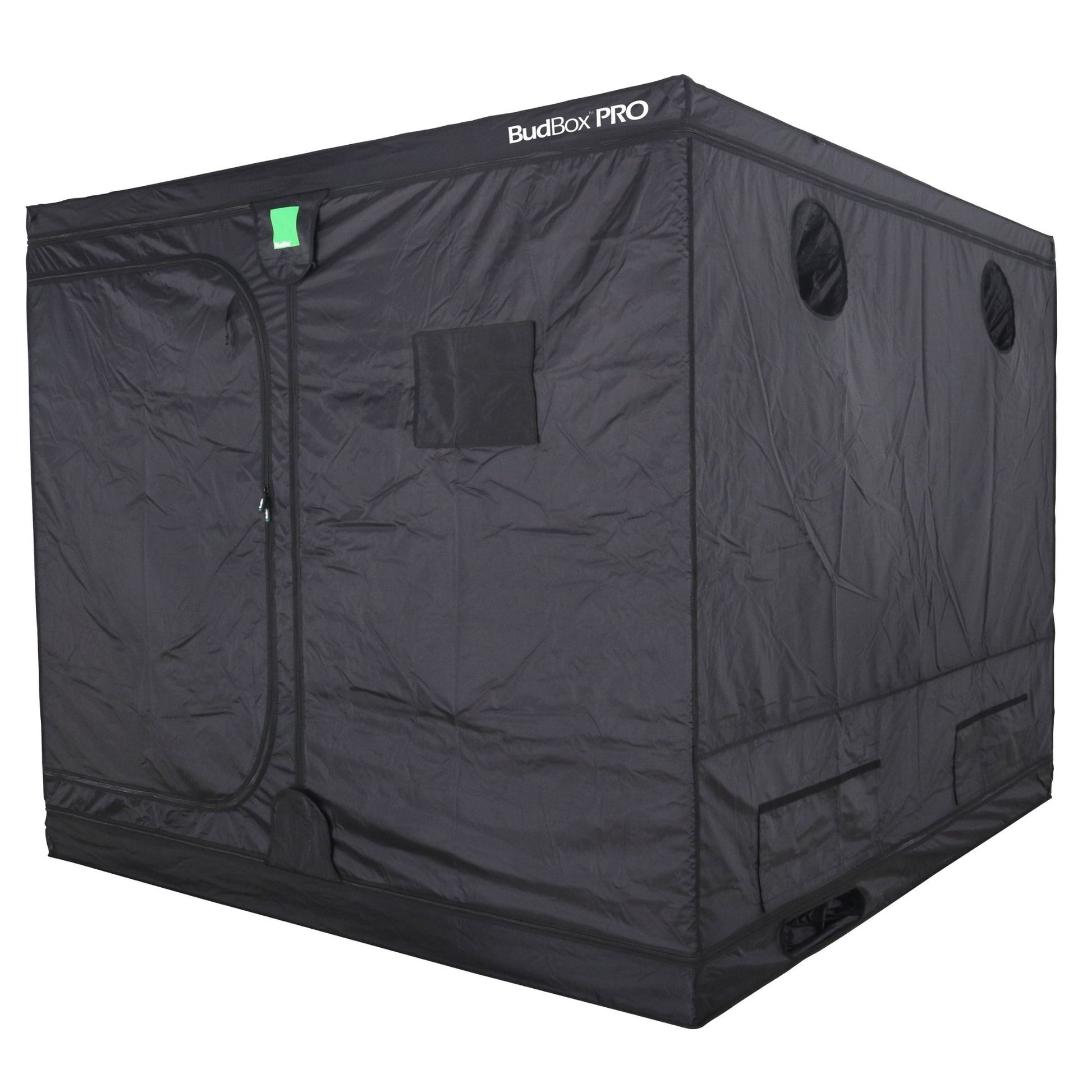 Black grow tent labeled 'BudBox Pro' on a white background