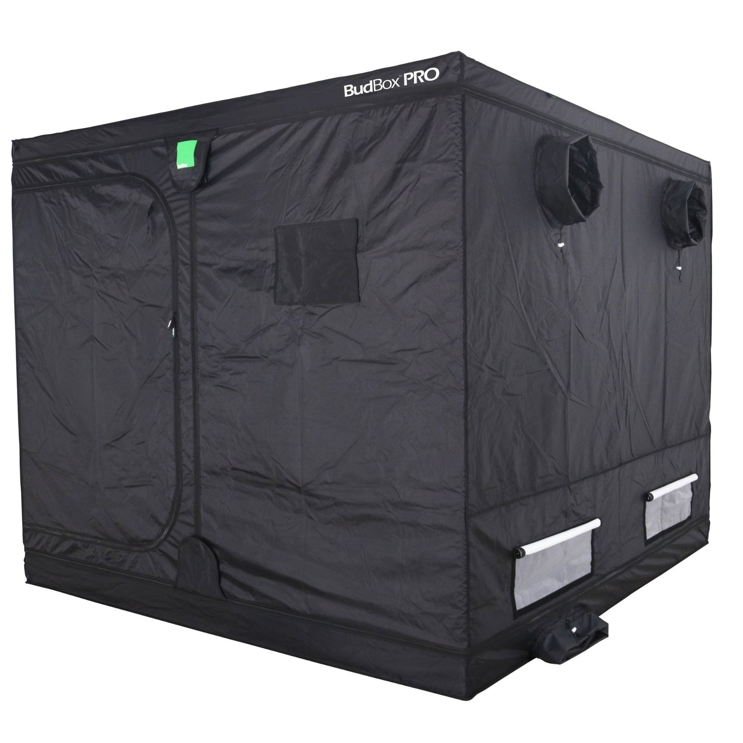 Black grow tent labeled 'BudBox PRO' on a white background