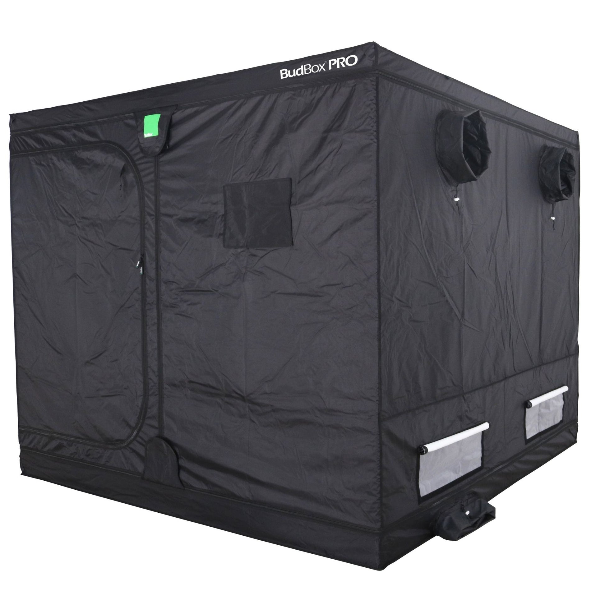 Black grow tent labeled 'BudBox PRO' on a white background