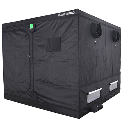 Black grow tent labeled 'BudBox PRO' on a white background