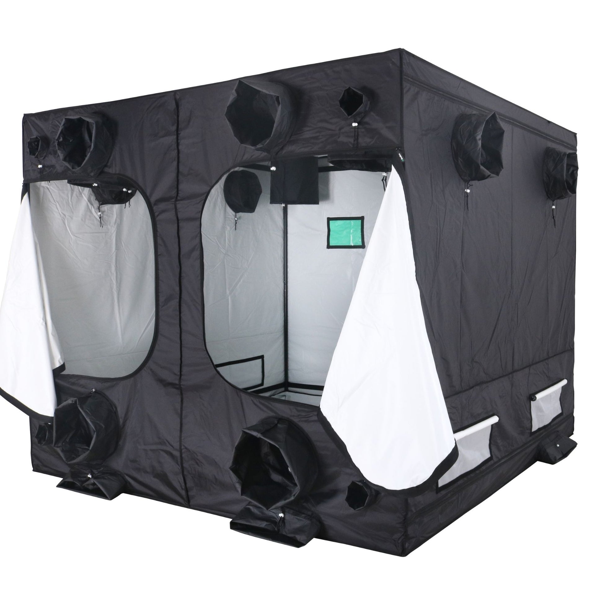 Black grow tent with open doors on a white background