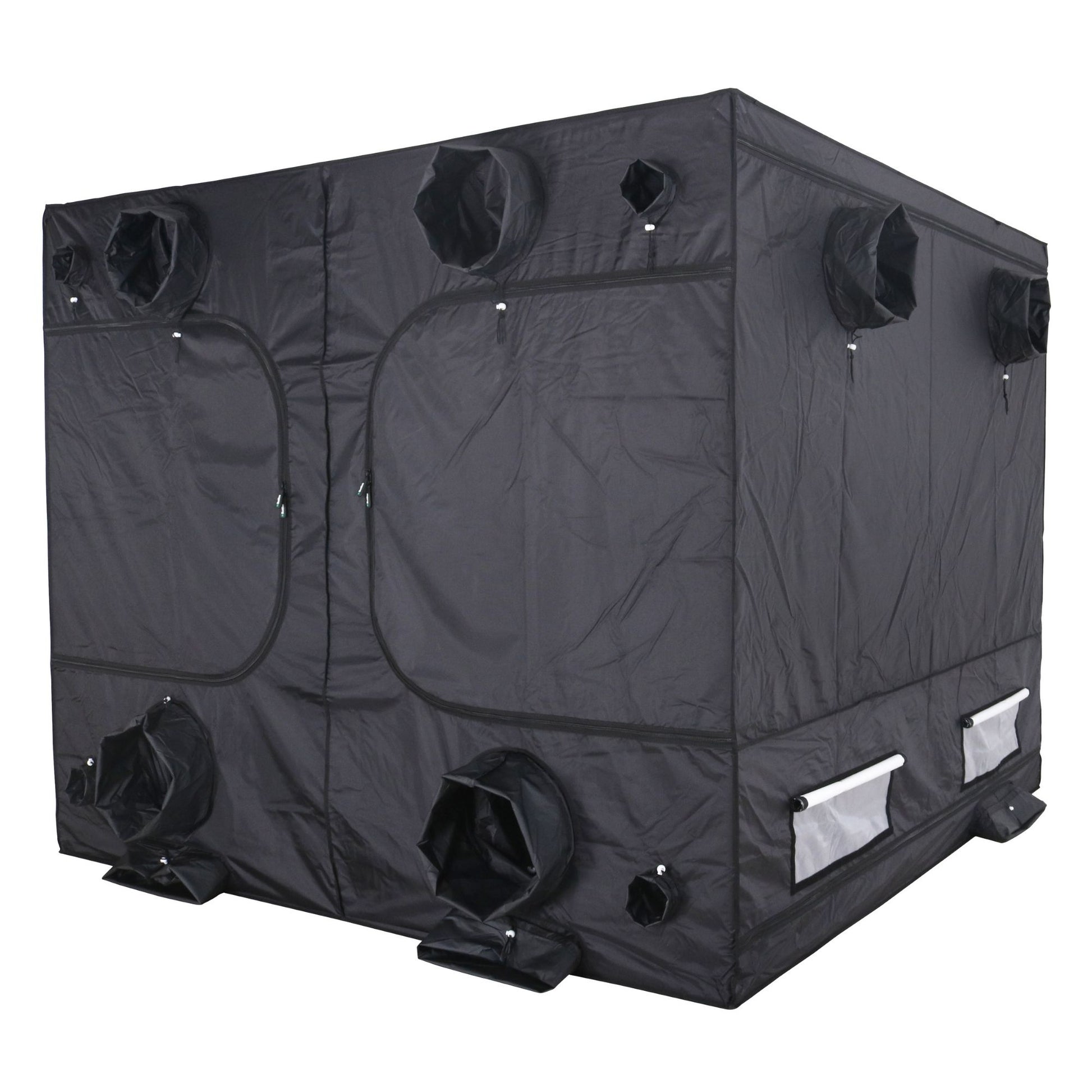 Black grow tent with ventilation ports on a white background