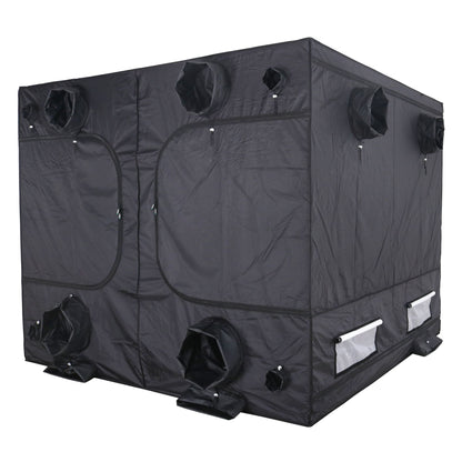 Black grow tent with ventilation ports on a white background
