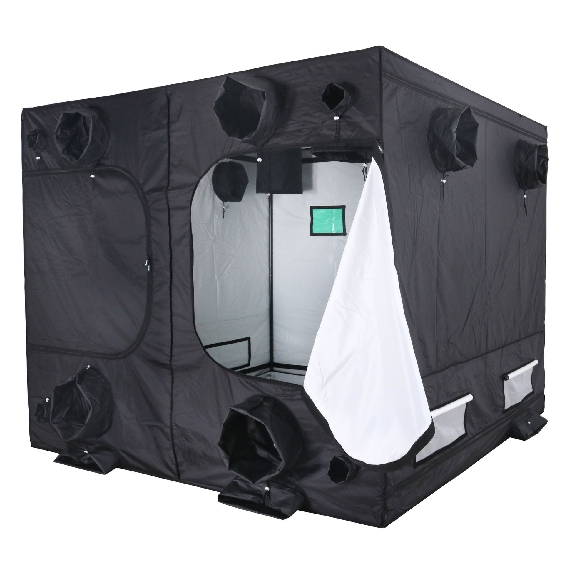 Black grow tent with an open side panel on a white background
