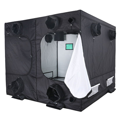 Black grow tent with an open side panel on a white background