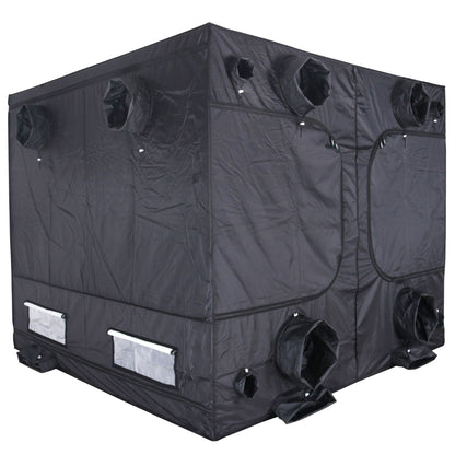 Black grow tent with multiple exhaust ports on a white background