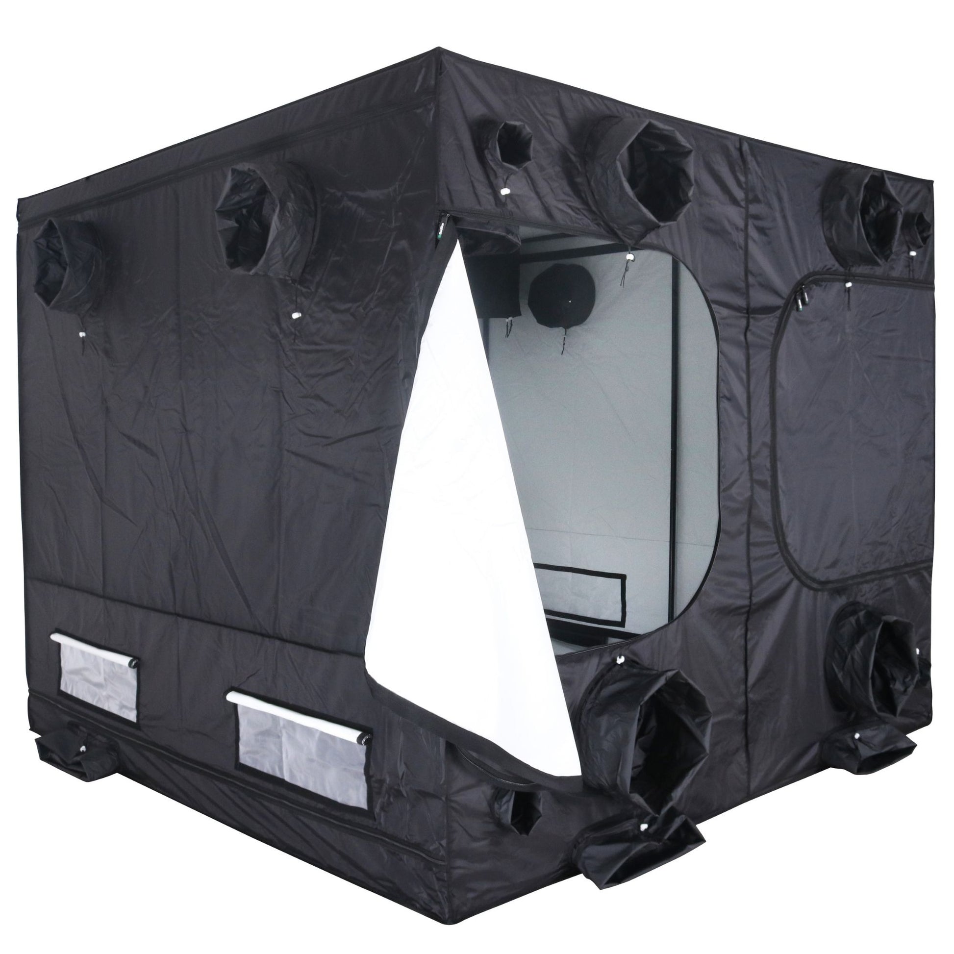 Black grow tent with an open door on a white background