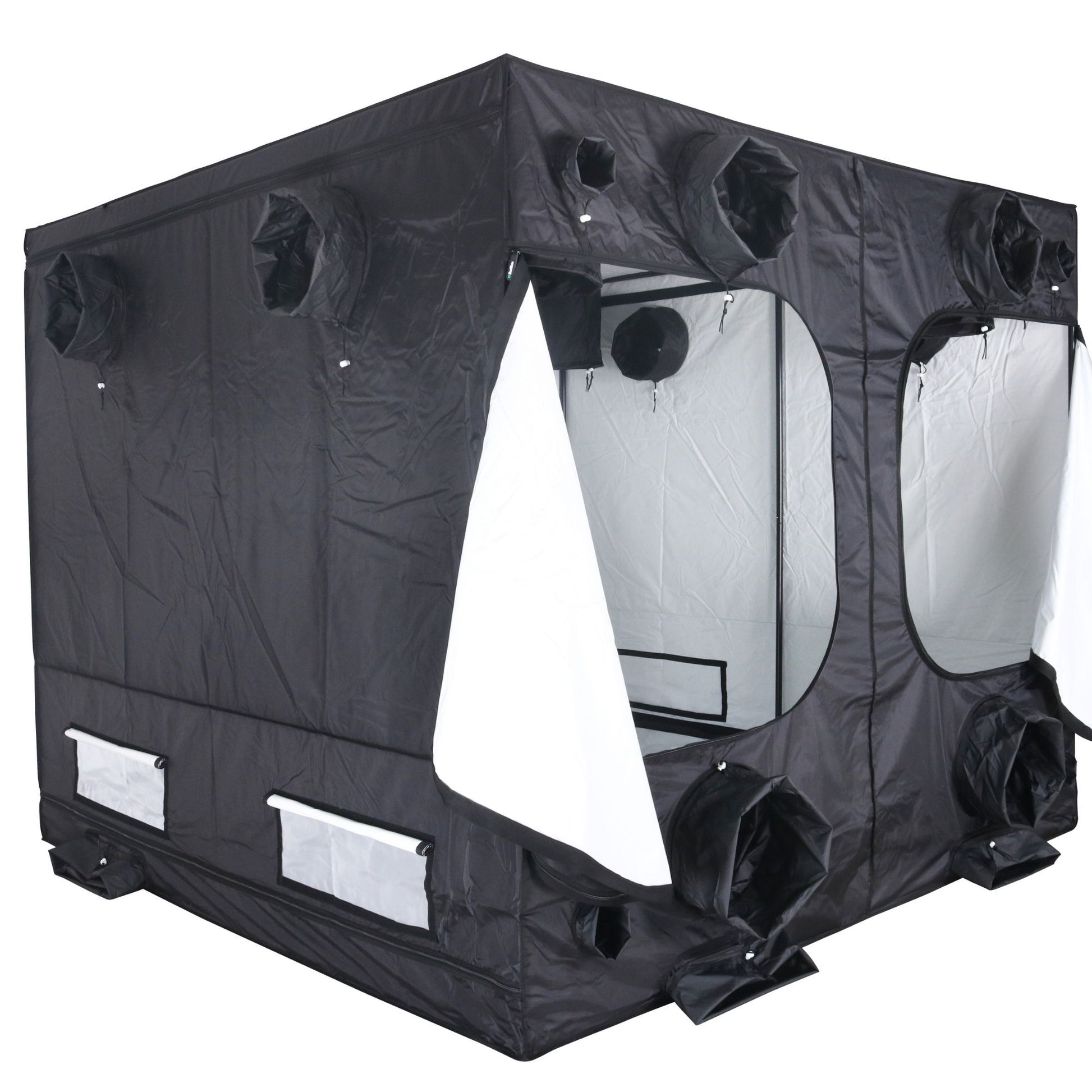 Black grow tent with open doors on a white background