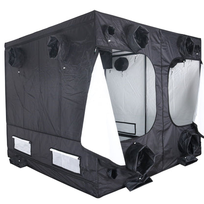 Black grow tent with open doors on a white background