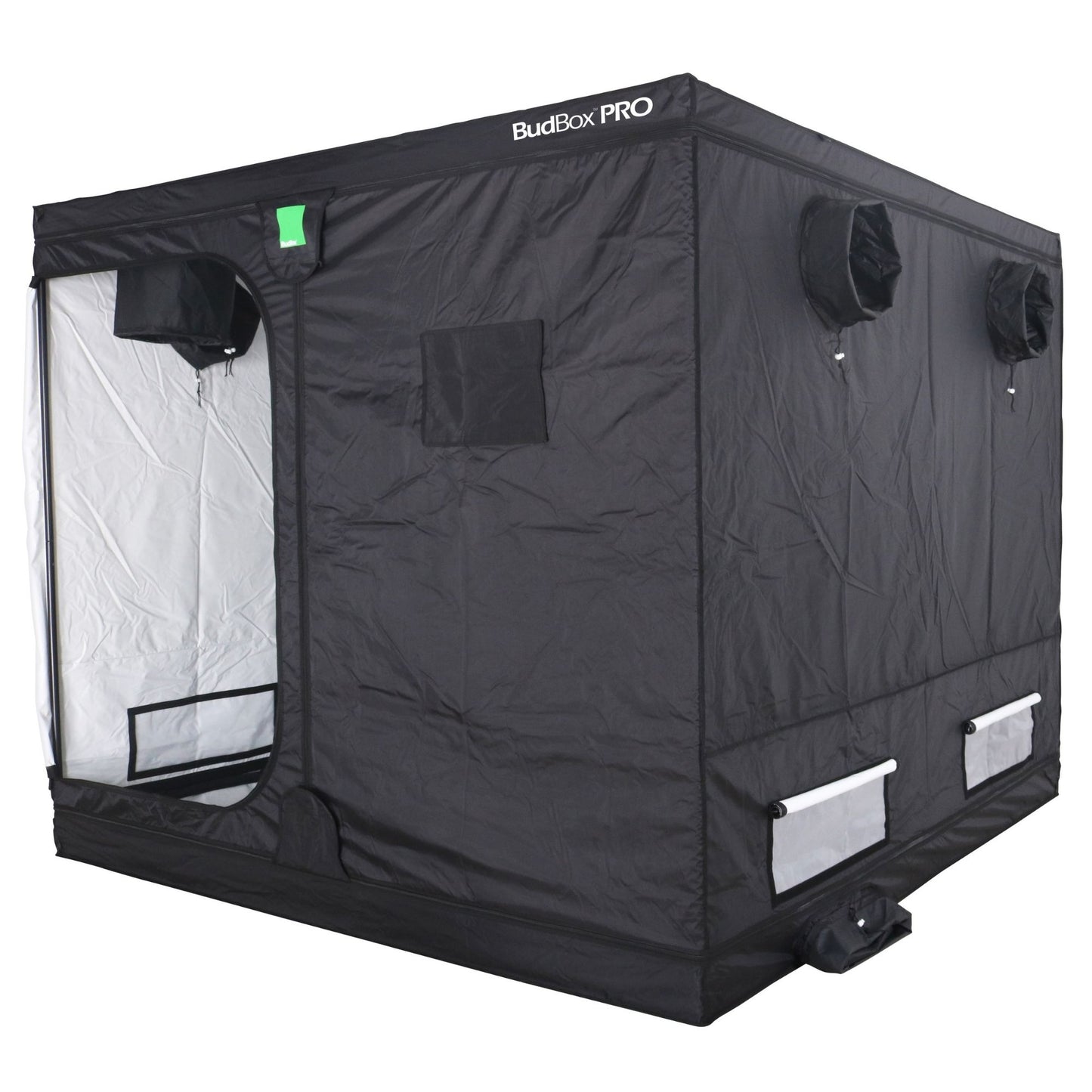 Black grow tent labeled 'BudBox PRO' on a white background