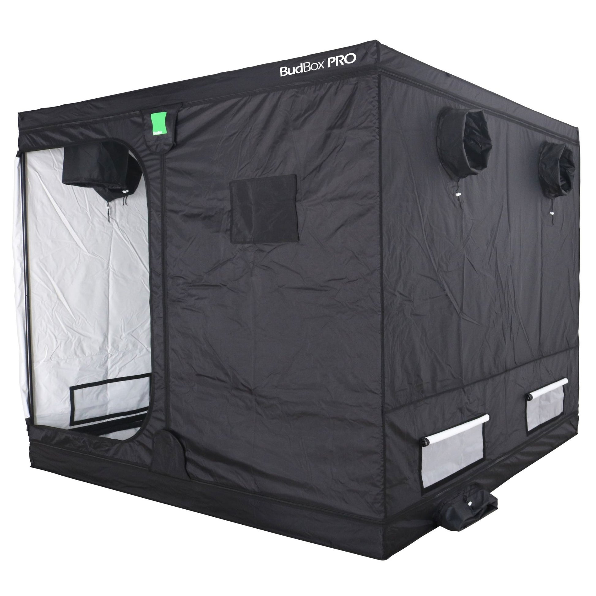 Black grow tent labeled 'BudBox PRO' on a white background