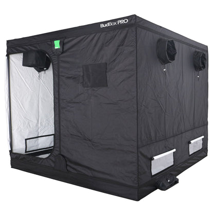 Black grow tent labeled 'BudBox PRO' on a white background