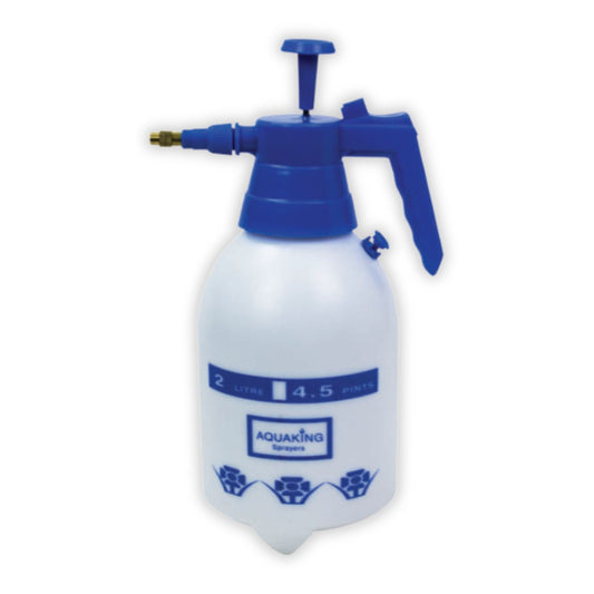 White 2 litre pump pressure spray bottle with blue nozzle and label on a white background
